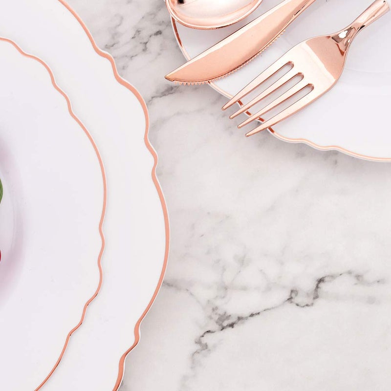 WDF 60pcs Rose Gold Plastic Plates-Baroque White &Rose Gold Disposable Plates including 30Plastic Dinner Plates 10.25inch, 30 Salad Plates 7.5inch for Wedding, Parties, Valentines Day - Image 4